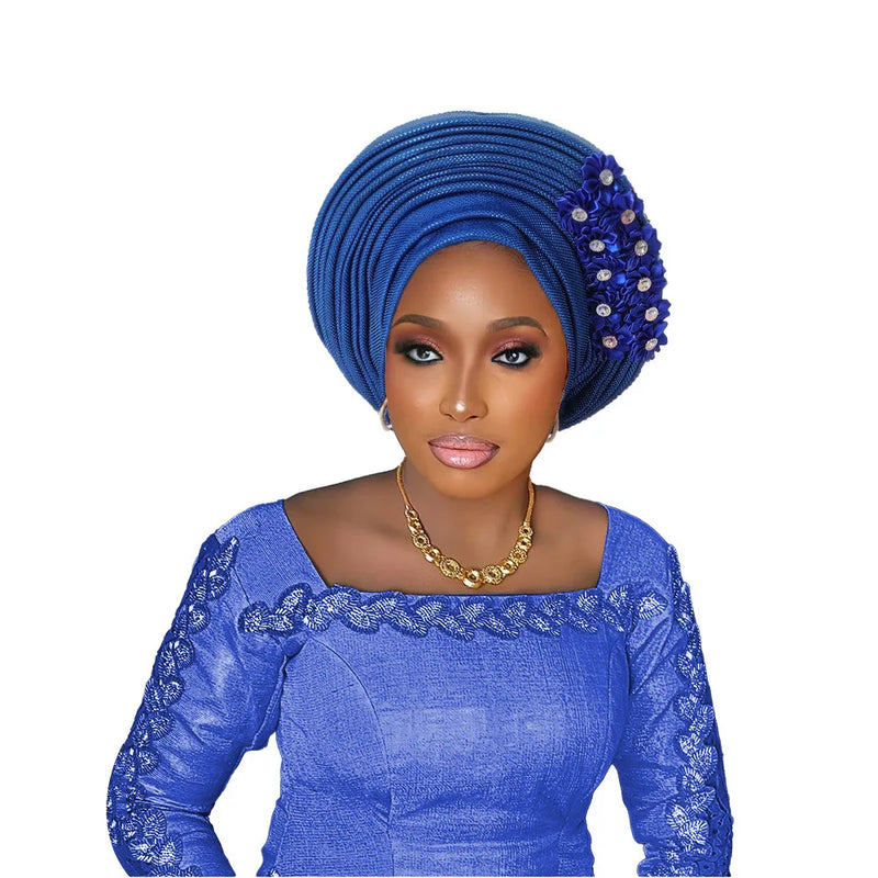 New African Headtie Turban Nigeria Head Ties with Flowers Already Made Auto Gele Women Head Wraps for Wedding Party