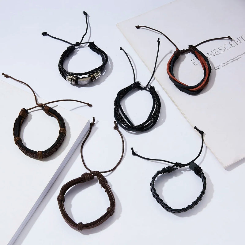 6Pcs/Set Fashion Multilayer Leather Rope Chain Bracelets For Men Women Punk Charm Metal Geometric Black Brown Bangles Jewelry