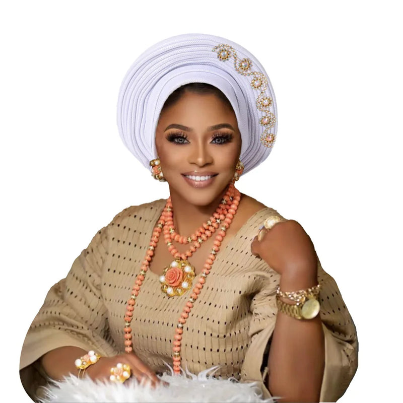 New African Headtie Turban Nigeria Head Ties with Flowers Already Made Auto Gele Women Head Wraps for Wedding Party