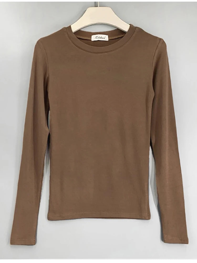 Camiseta estilo coreano magro camisetas 2025 sexy camisetas de algodão manga longa verão topos camiseta femme cáqui azul branco preto