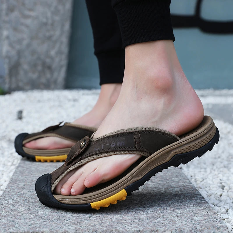 2025 novo estilo verão couro genuíno flip-flop sandália masculina sapatos de couro macio homem sandália ao ar livre antiderrapante sandálias de praia artesanal