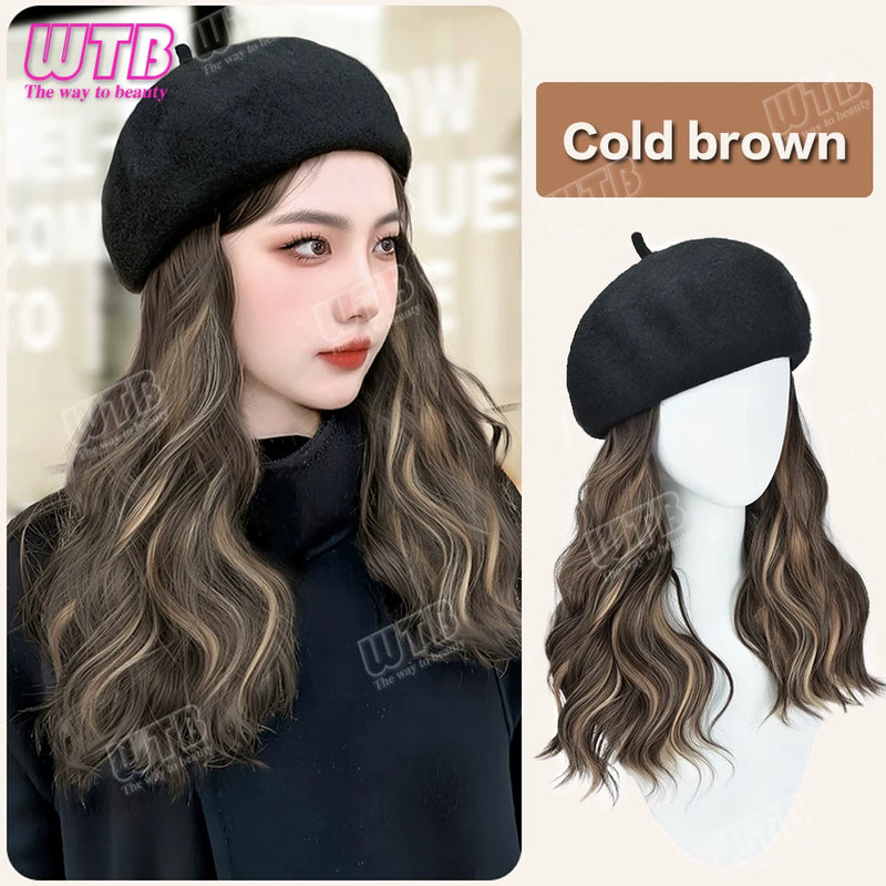 WTB Wavy Curly Hair Hat Wig Long Hair Black/Golden Beret Autumn Winter Hat Chemical Fiber Wig Hair Extensions Hair Accessories