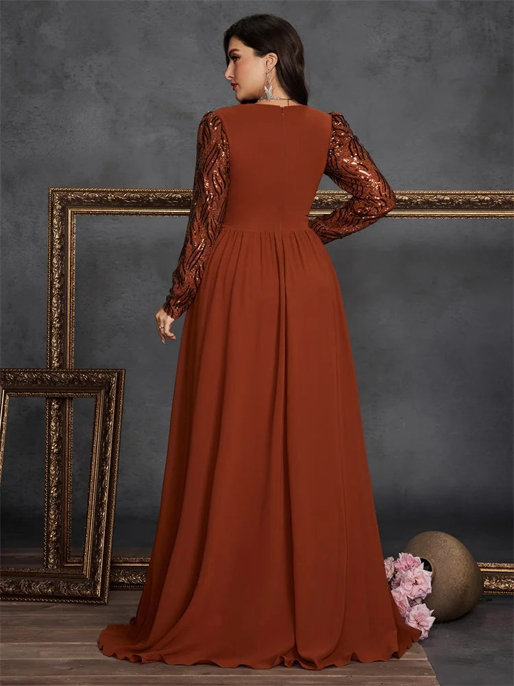 Lucyinlove Plus Size Luxury Chiffon Splicing Long Sleeve Evening Dresses Women Sequins Wedding Party Cocktail Floor Lenght Gowns