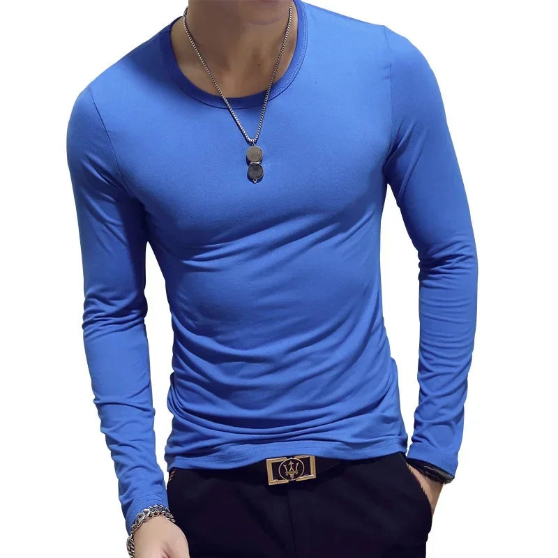 2023 Men's Long Sleeve T-shirts Loose-Fit Solid Color V-Neck Base Layer Top Thin Style Autumn Clothing