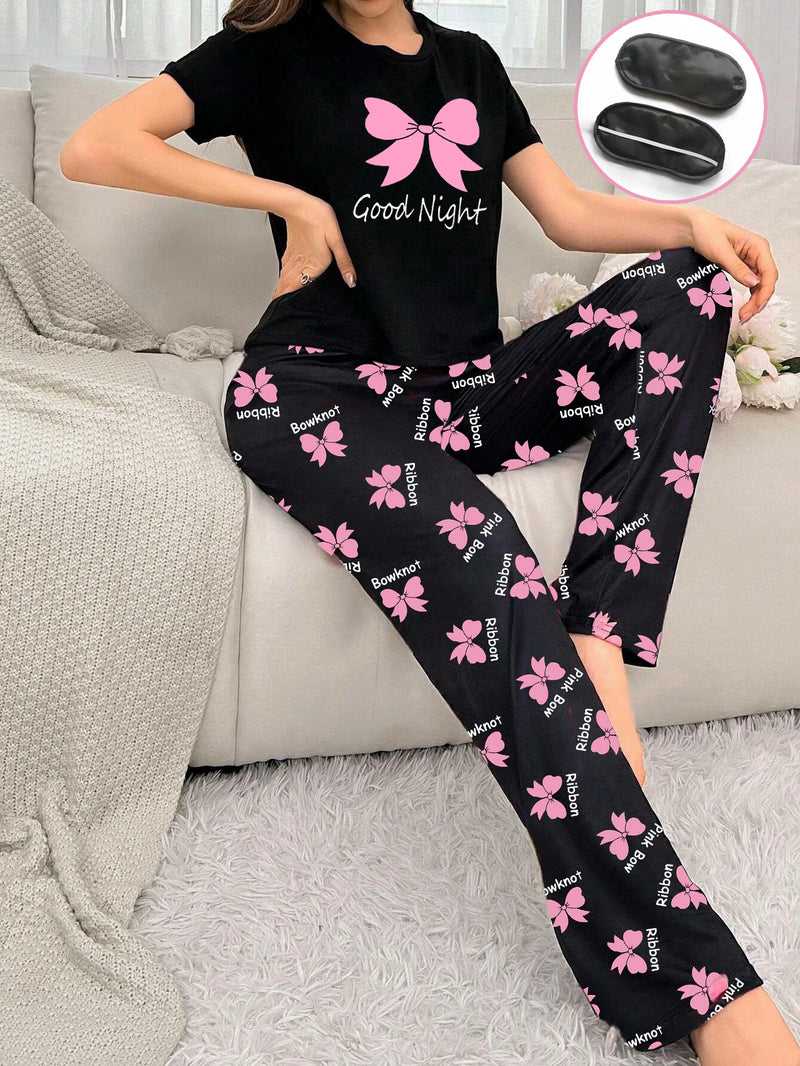 Women's new style bow print short-sleeved trousers two-piece casual comfort home wear eye mask pajamas set