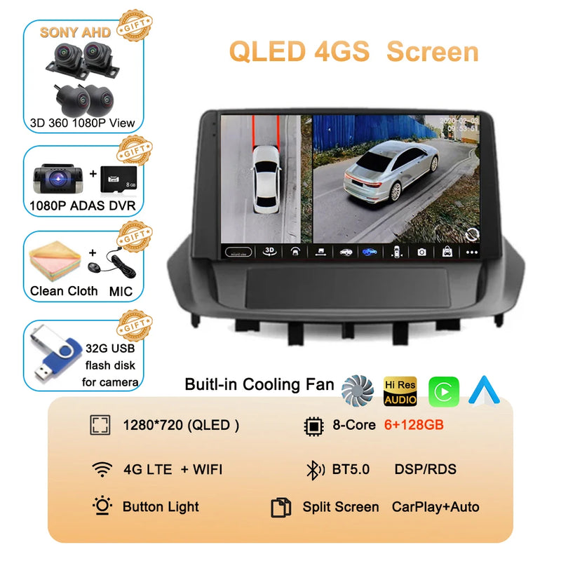 Android 14 For Renault Fluence 1 2009 - 2017 Multimedia Monitor Carplay Auto WIFI Navigation Player Video Stereo GPS Radio QLED