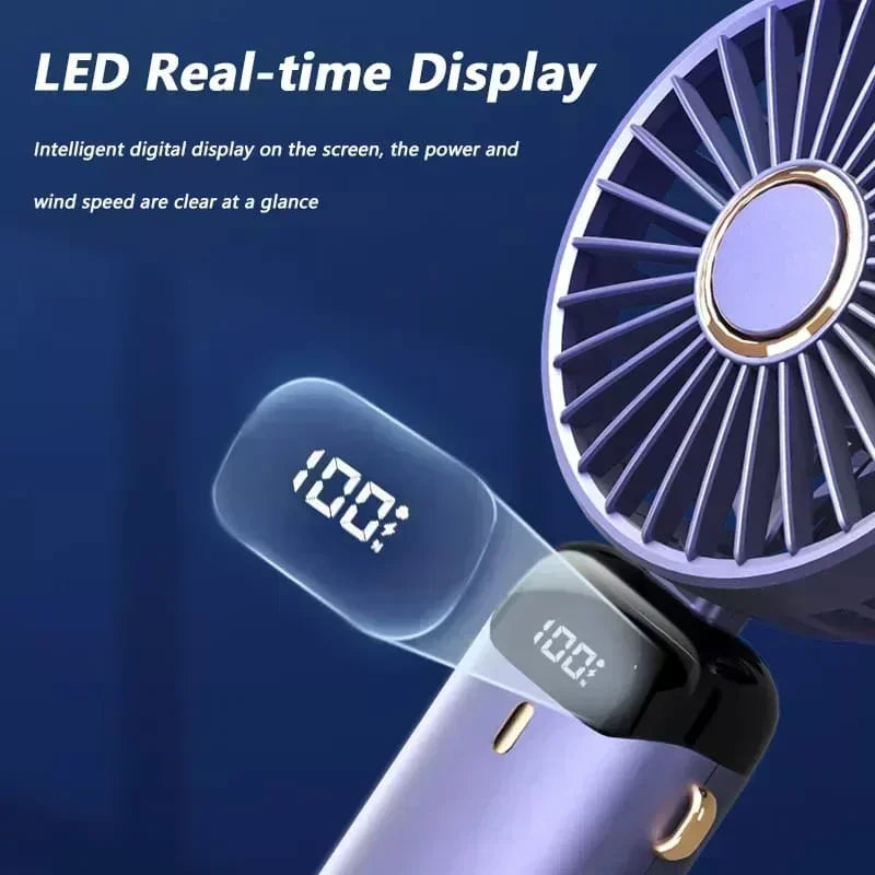 USB Rechargeable Handheld Mini Fan Foldable Portable Fan 5 Speed Levels LED Display Dual Battery 360° Adjustable Home Travel Use