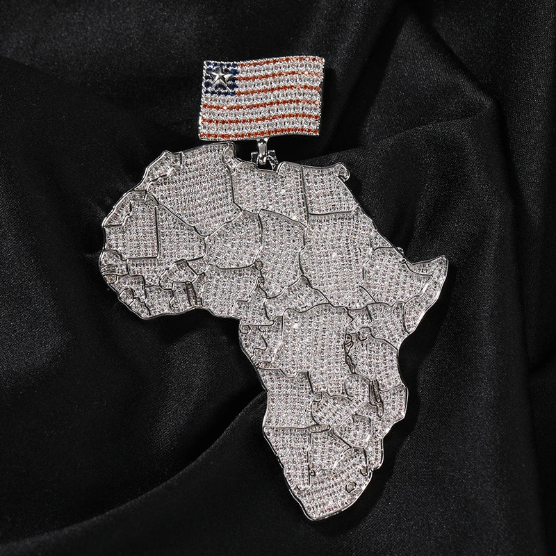 THE BLING KING Large Africa Map Shaped Pendant Necklace With America Flag Bail Full Iced Out Cubic Zirconia Rock Hip Hop Jewelry