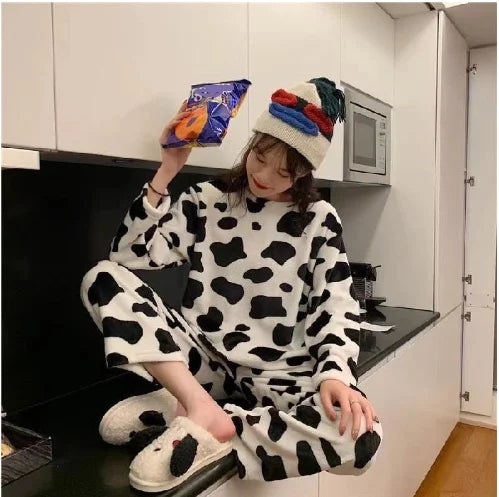 Autumn Winter Women Thicken Coral fleece pajamas set sleepwear Cartoon sweet Long sleeve Home service suit Female WHX01
