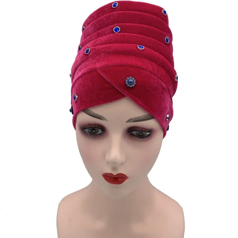 1 pc feminino veludo turbante bonnet diamantes africano aso oke headtie muçulmano cabeça envolve islâmico femme musulman lenço chapéu