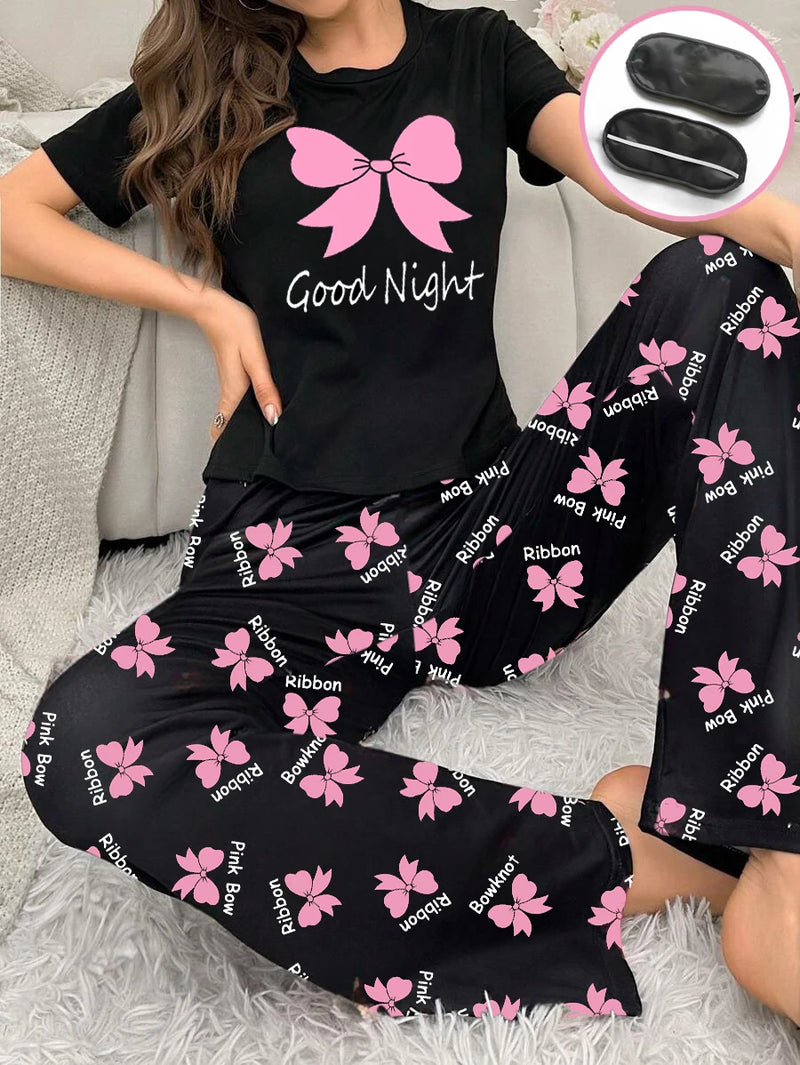 Women's new style bow print short-sleeved trousers two-piece casual comfort home wear eye mask pajamas set