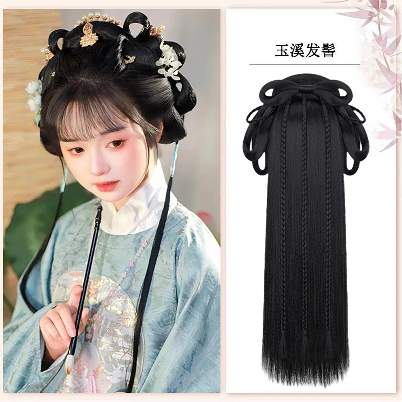 AOSI Synthetic Wei And Jin Style Warring States Robe Hanfu Wig Package Integrated Bun Back Pressed Back Hair Ancient Style