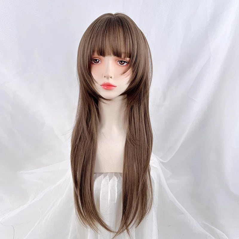 Long Straight Synthetic Brown Jellyfish Head Wig with Bangs Fluffy Lolita Cosplay Wig for Daily Party