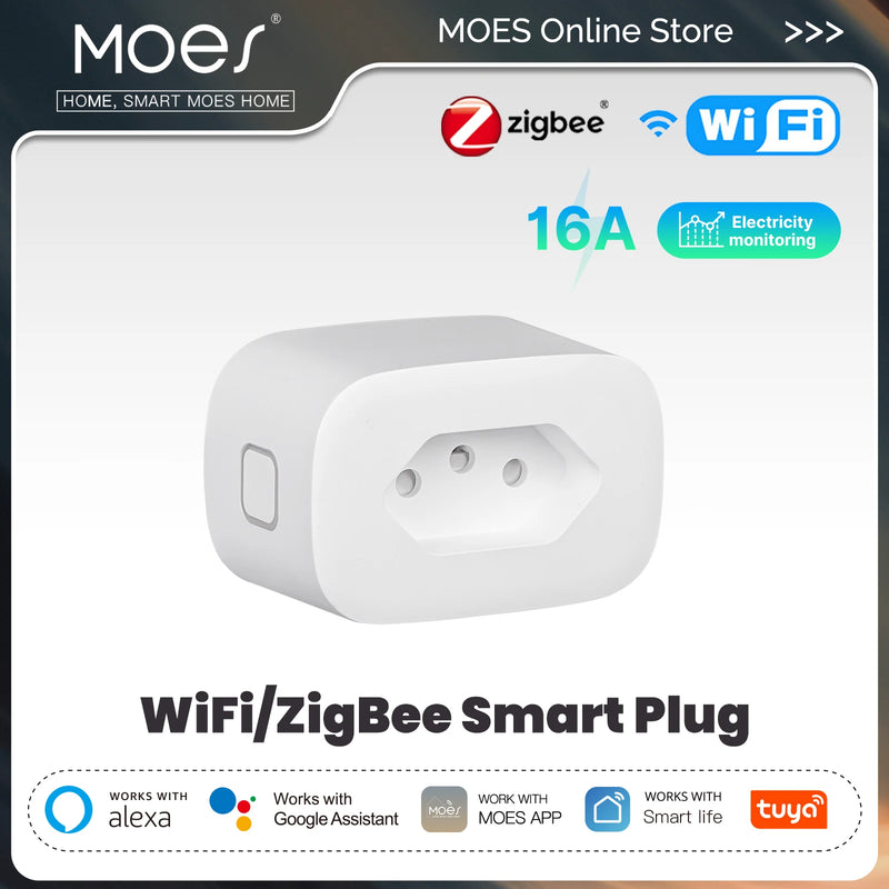 Moes 16a tomada inteligente tuya wifi/zigbee brasil versão soquete monitoramento de eletricidade à prova de fogo controle app com alexa google casa