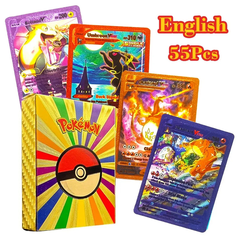 55PCS Pokemon Gold Foil Colorful Card Charizard Pikachu Arceus Silver Rainbow English VSTAR VMAX Card Gift
