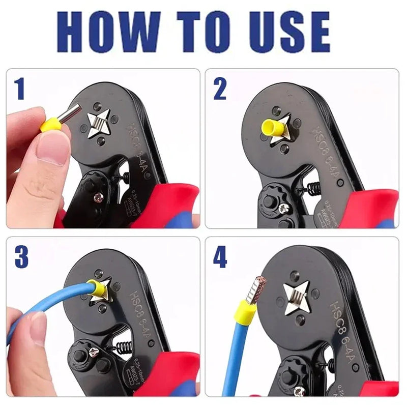 Ferramentas de friso de virola de mangas finais hsc8 6-4a auto-ajustável AWG23-7/0.25-10mm2 alicate de friso de fio de catraca quadrado