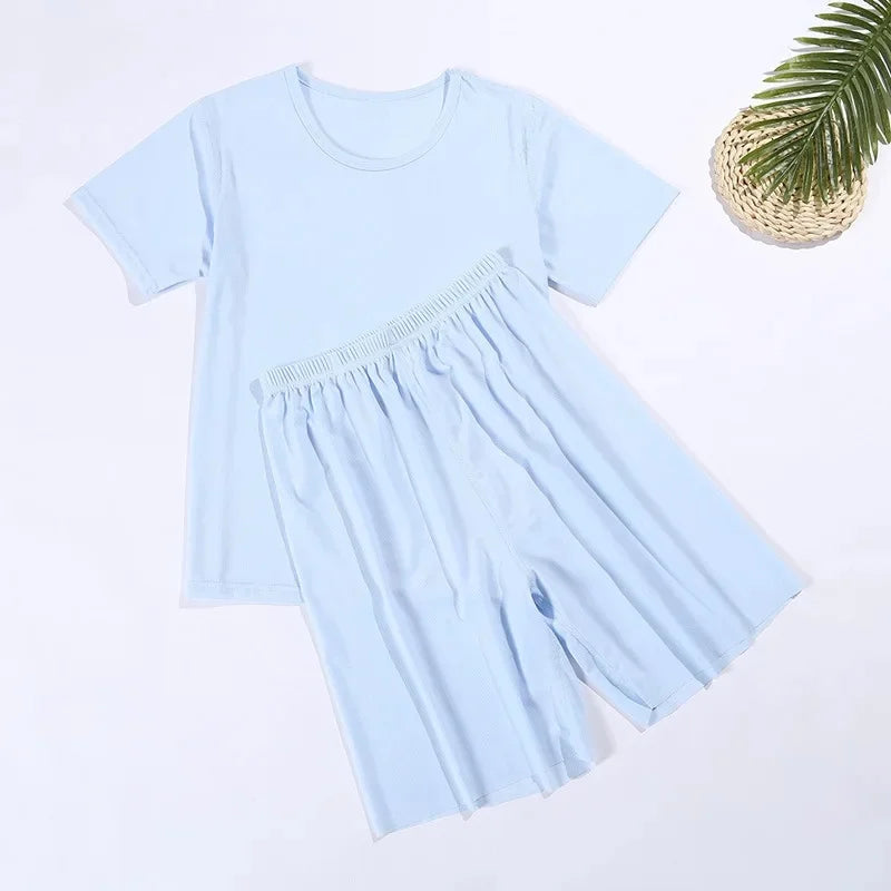 Summer Lightweight Loose Casual Short Sleeve T-Shirt Five-Point Pants Sleepwear Set for Men And Women Home Comfortable Pyjamas