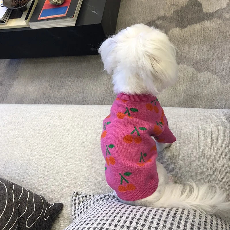 Pet High Collar Sweater Little Dog Christmas Clothes Diamond Grid Embroidered Cherry Sweater Christmas Small Dog Pet Clothes
