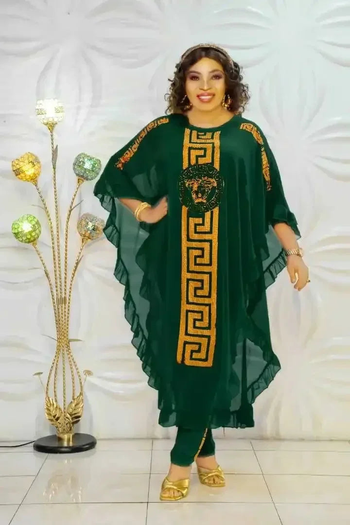 African Plus Size Chiffon Medium-Length Three-Piece Suit Ultra-Fine Fiber Five-Sleeve Fly Sleeve Chiffon Skirt Set