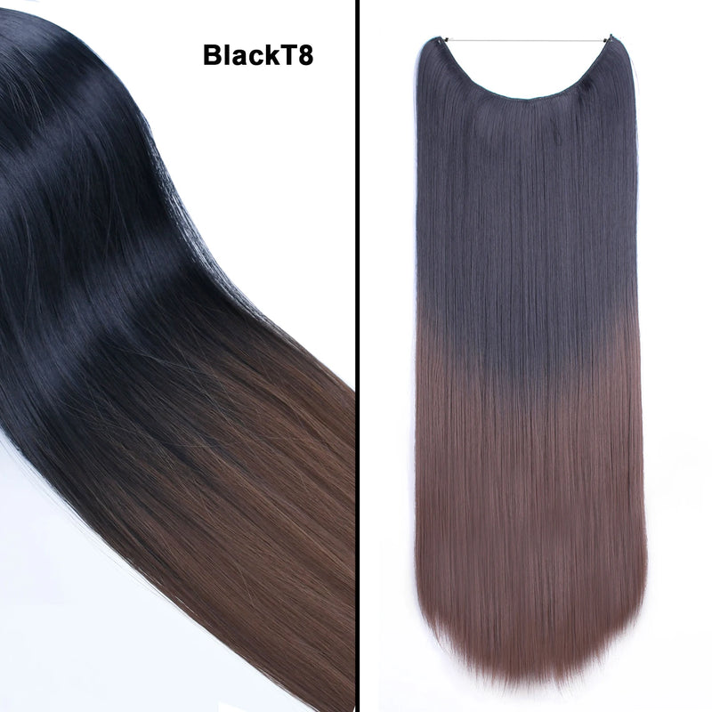 Jeedou One Piece Synthetic Hair Extension No Clips Whit Invisible Line Straight&Wavy Hair Hairpieces Brown Blue Ombre Color