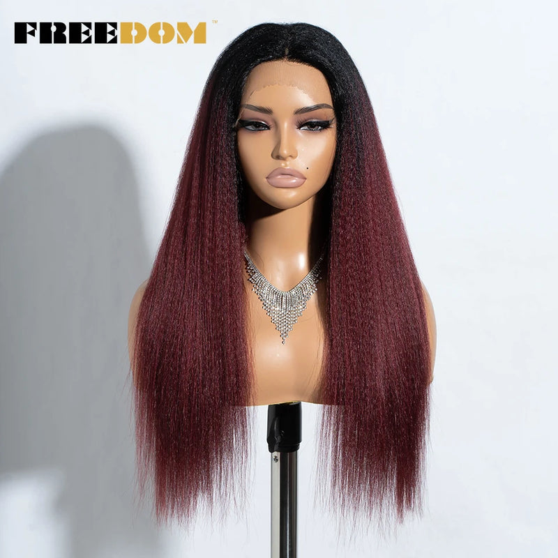 FREEDOM Yaki Straight Synthetic Lace Front Wigs For Women 26" Ombre Brown Blonde Lace Wig Heat Resistant Clearance Cosplay Wig