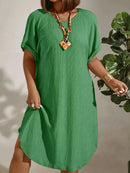 Roupas femininas europeias e americanas de tamanho grande 2025 verão novo vestido de cor sólida de manga curta tamanho grande