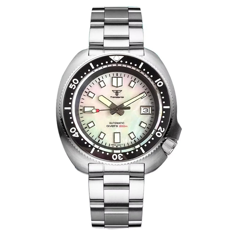 Tandorio NH35A Mother of Pearl White Black Dial Automaitc  Mens Watch Captain Mechanical 20Bar Silicone Strap Diving Lume Clock
