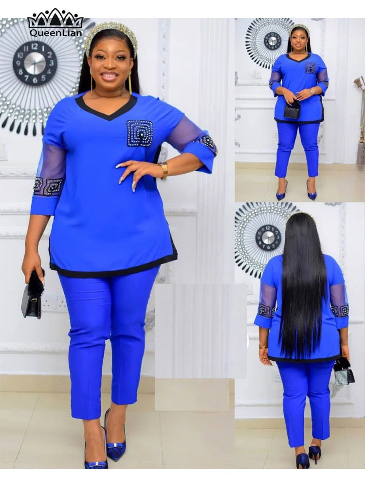 Terno africano de 2 peças para mulheres, top e calça de alta qualidade, 4 cores, manga, bordado avançado, diamante, novo, TZ18