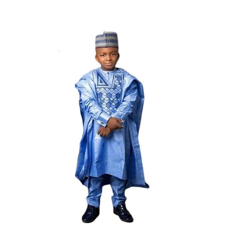 H & d novas roupas de tradição africana para crianças meninos azul manga longa topos bordado dashiki robe camisa calça criança conjunto 3 peças 2024