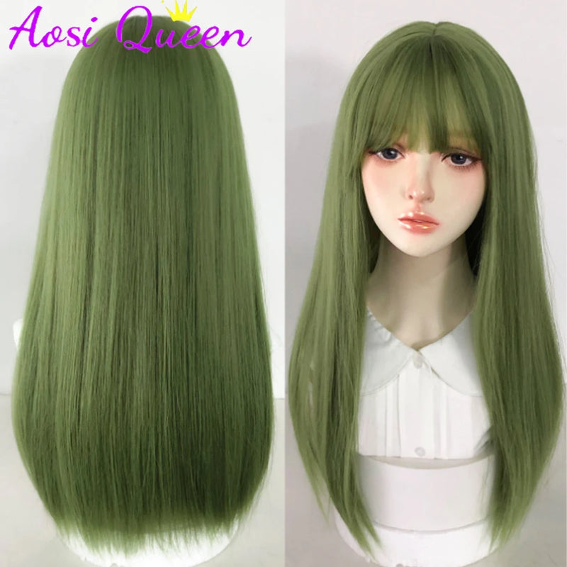 AOSI  20 Inch Fruit Green Long Straight Hair With Bangs Synthetic Heat-resistant Long Straight Hair Cos Wig