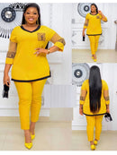 Terno africano de 2 peças para mulheres, top e calça de alta qualidade, 4 cores, manga, bordado avançado, diamante, novo, TZ18