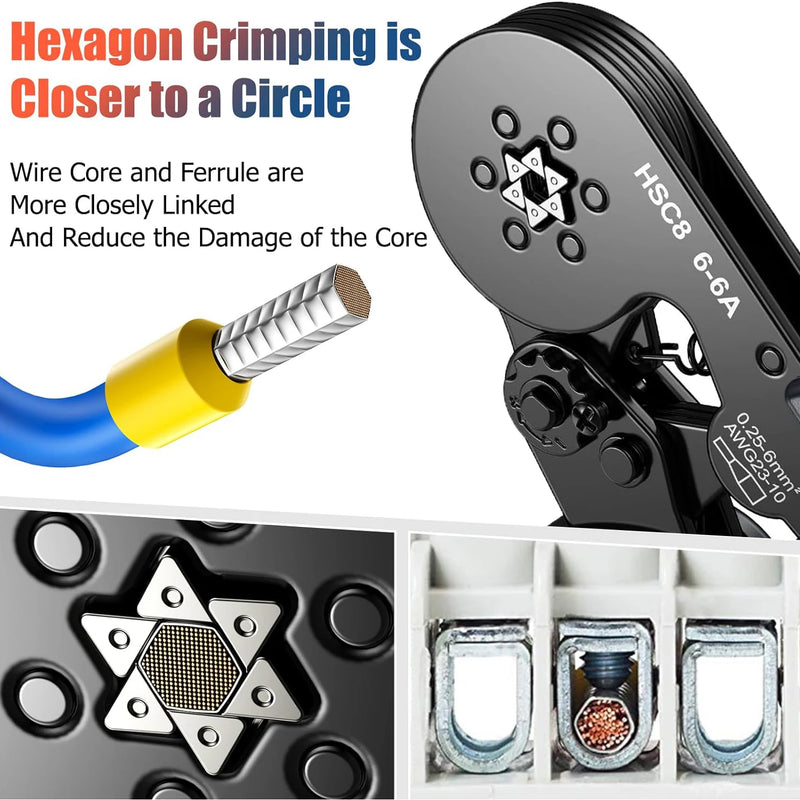 Hexagonal Auto-Ajustável Ratchet Virola Crimping Tool Kit, Crimper Kit com Mangas Virola, Terminais de Fio, 23-7AWG, 0.25-10 mm2