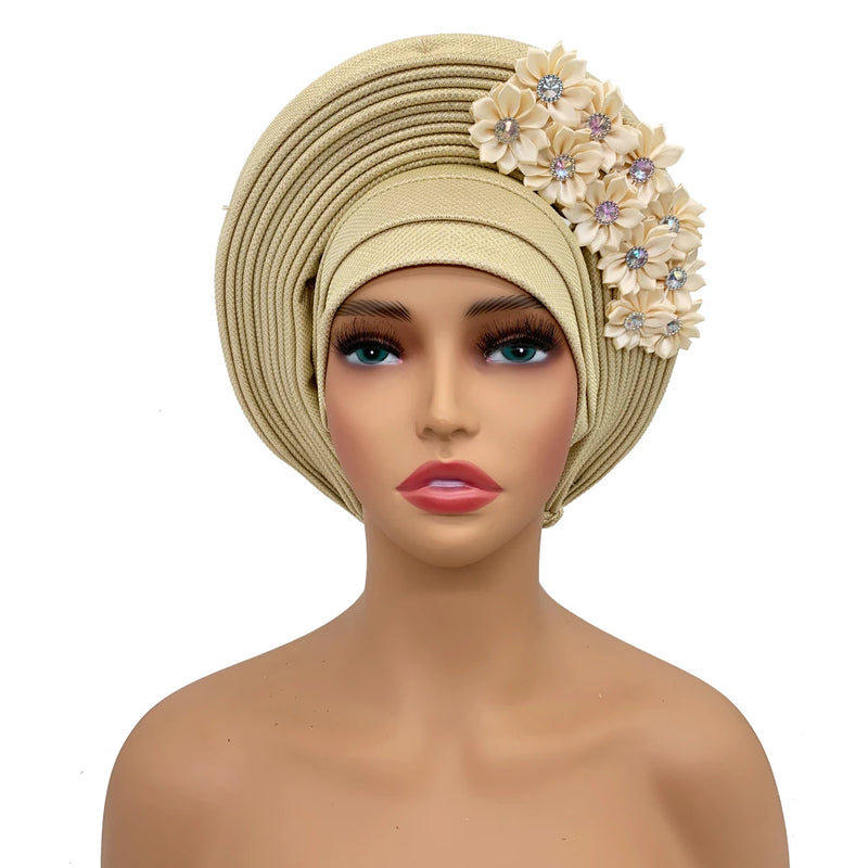 New African Headtie Turban Nigeria Head Ties with Flowers Already Made Auto Gele Women Head Wraps for Wedding Party