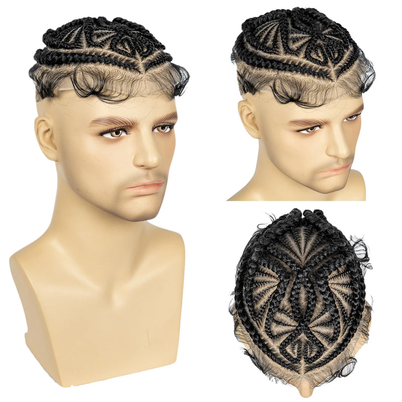 Men's Toupee Hair HD Full Lace Male Hairpieces with Cornrow Braids White Hair Reaplcement Synthetic Short Hair Topper for Men