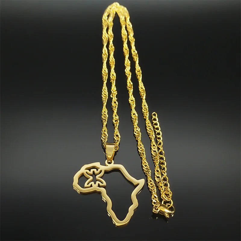 African Map Berber Amazigh Chain Necklaces for Women Men Stainless Steel Gold Color Amulet Necklace Jewelry collier 8092-QKC