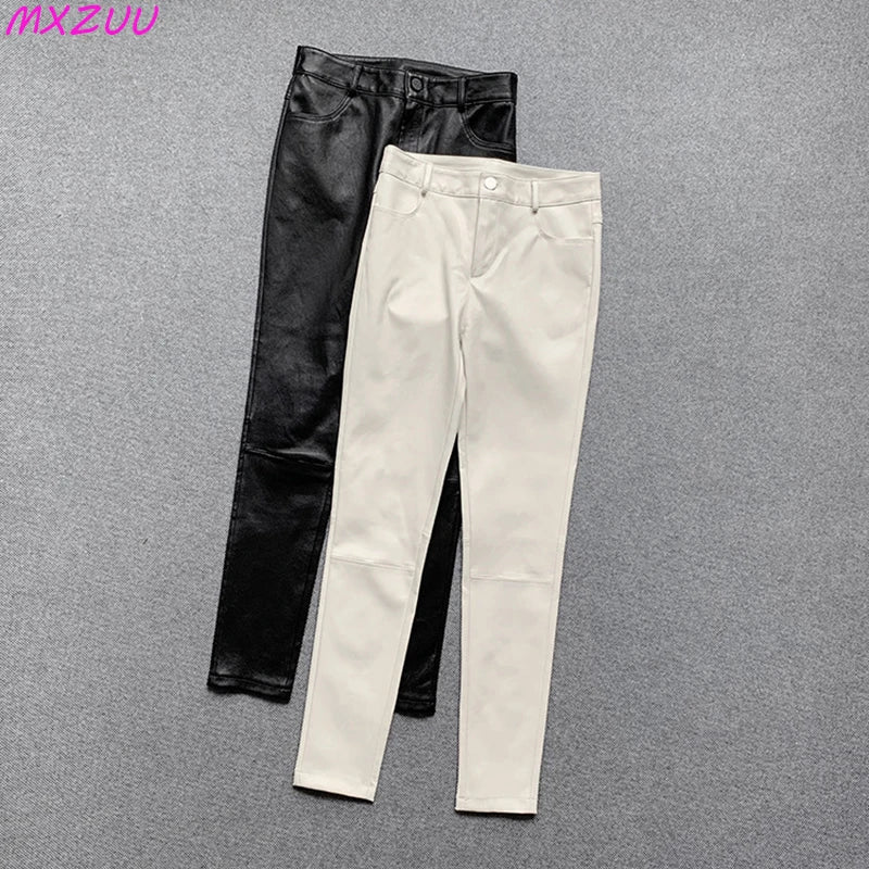 Black/White Genuine Leather Pencile Pants Sheepskin Classic High Waist Skinny Trousers Stretch Leggings for Women Pantalon Mujer