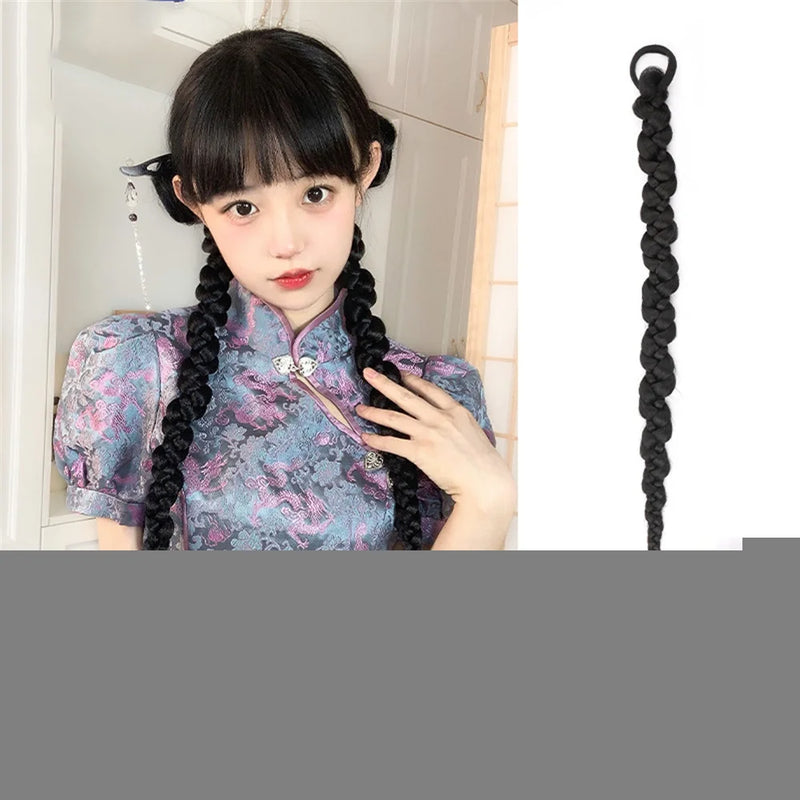 synthetic wig 2Pcs Hip-Hop Women Black Braided Twisted Ponytail Wig Long Braid Extensions Girls Hair Accessories
