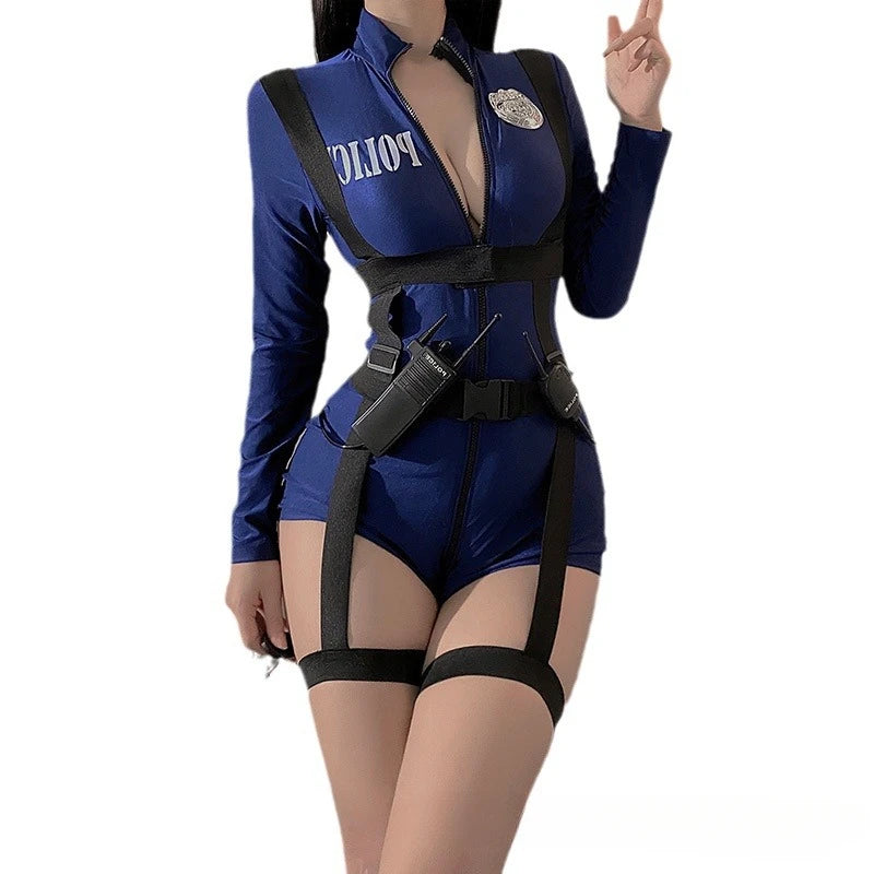 Trajes exóticos lingerie sexy boate feminino uniforme da polícia duplo zíper livre virilha aberta cospaly outfit saia sexy