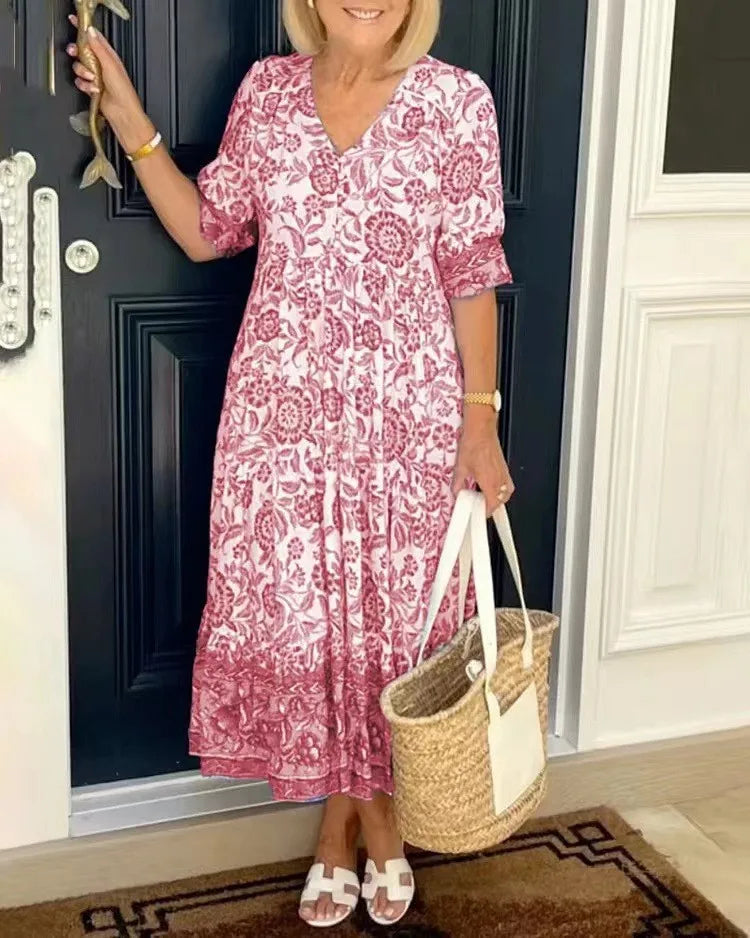 Summer Casual Floral Print Long Dress For Women V Neck Three-quarter Sleeve Elegant Party Dresses Female Boho Holiday Clothing