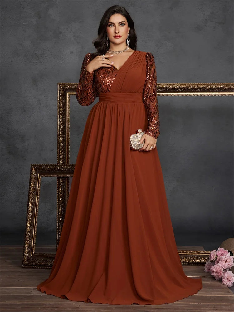 Lucyinlove Plus Size Luxury Chiffon Splicing Long Sleeve Evening Dresses Women Sequins Wedding Party Cocktail Floor Lenght Gowns