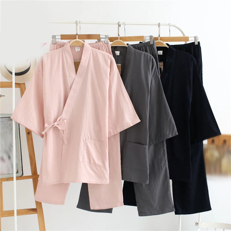 Couple Cotton Pajamas Suit Japanese Style Kimono Yukata Sleepwear Tops Pants Set Indoor Home Bathing Costume Women Men Gift