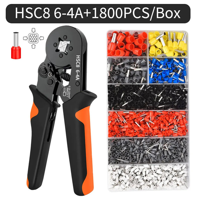 Hexagonal Auto-Ajustável Ratchet Virola Crimping Tool Kit, Crimper Kit com Mangas Virola, Terminais de Fio, 23-7AWG, 0.25-10 mm2