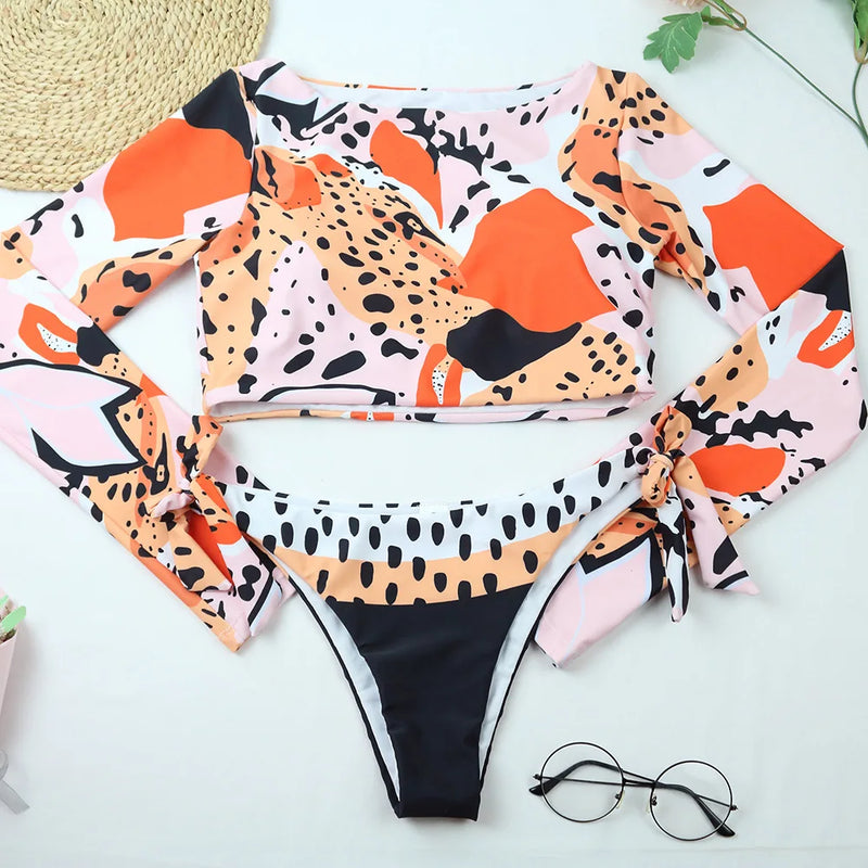 Women's Two Pieces Swimsuit Leopard Printing Bikini Long Sleeve Sun Protection Rash Guard Padded Swimwear Swimming Bathing Suits