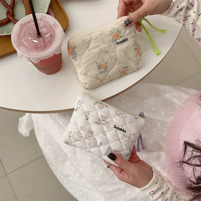 Cartoon Flower Square Cosmetic Bag Women Portable Earphones Lipstick Sanitary Napkins Storage Pouch Small Makeup Zipper Bags