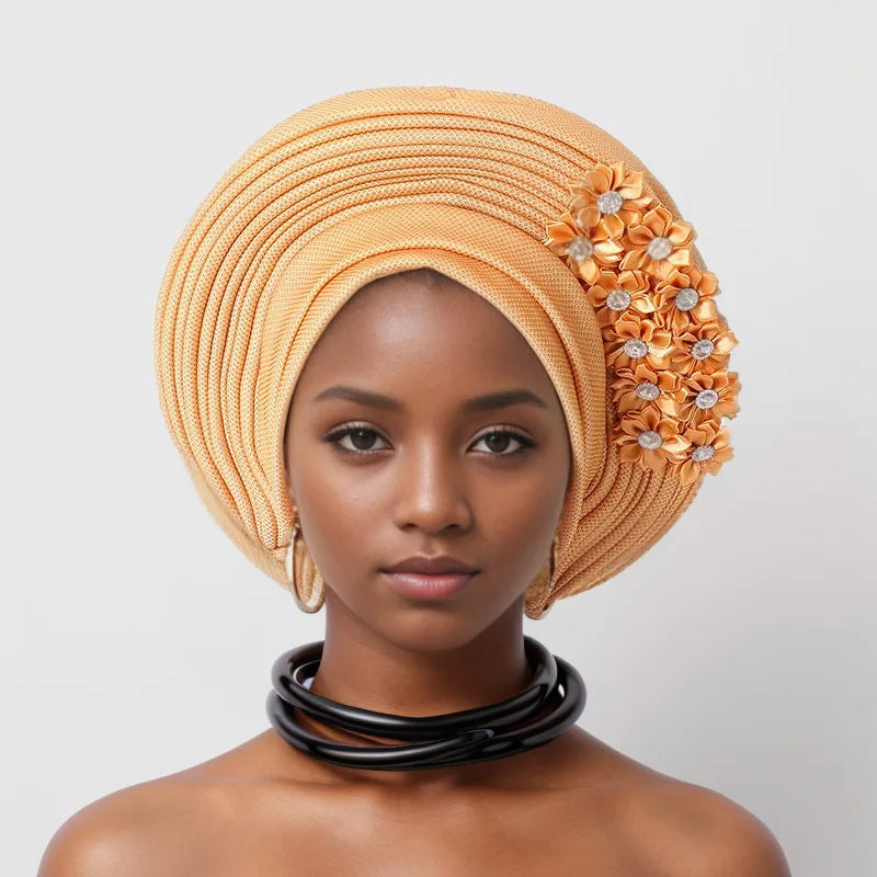 Vermelho Multi-Layered chapéu de turbante, Africano Fan Shaped cabeça Wraps, Headwear plissado com Cristal, Nigéria Headtie, Auto Gele, Casamento