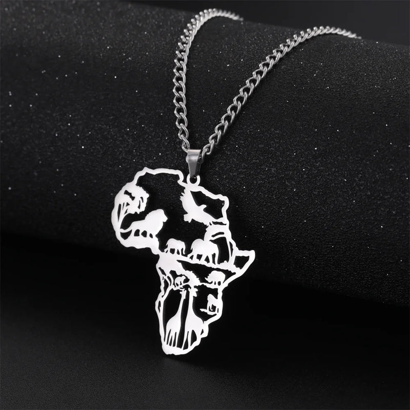 My Shape Africa Map Lion Elephant Monkey Giraffe Pendant Necklaces Men Women Stainless Steel Animal Chain Choker African Jewelry