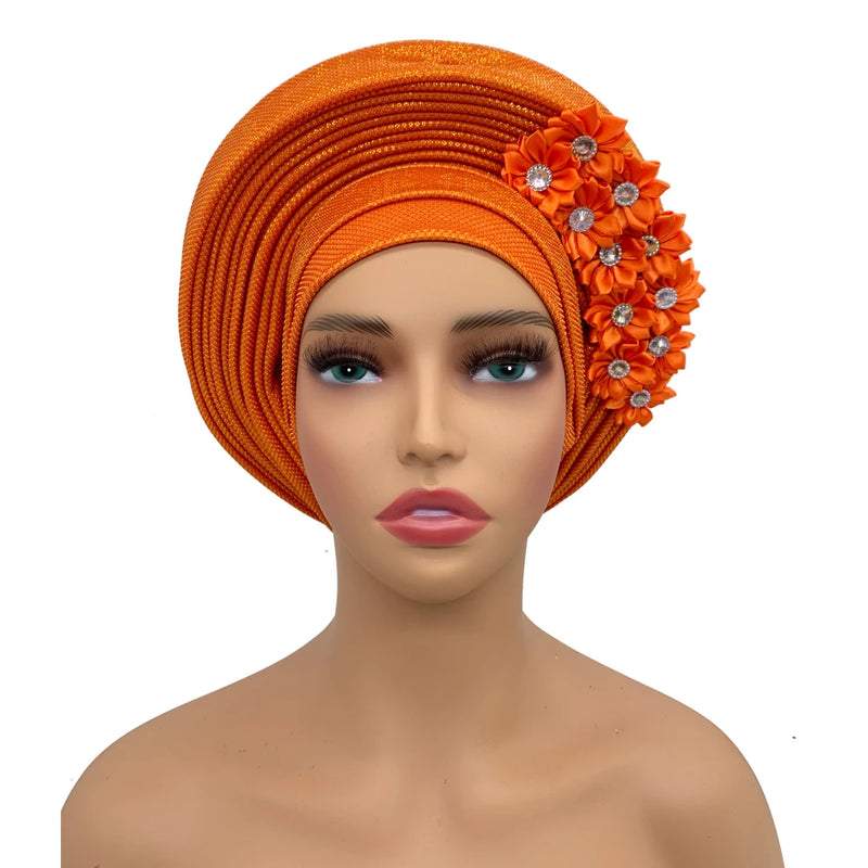 New African Headtie Turban Nigeria Head Ties with Flowers Already Made Auto Gele Women Head Wraps for Wedding Party