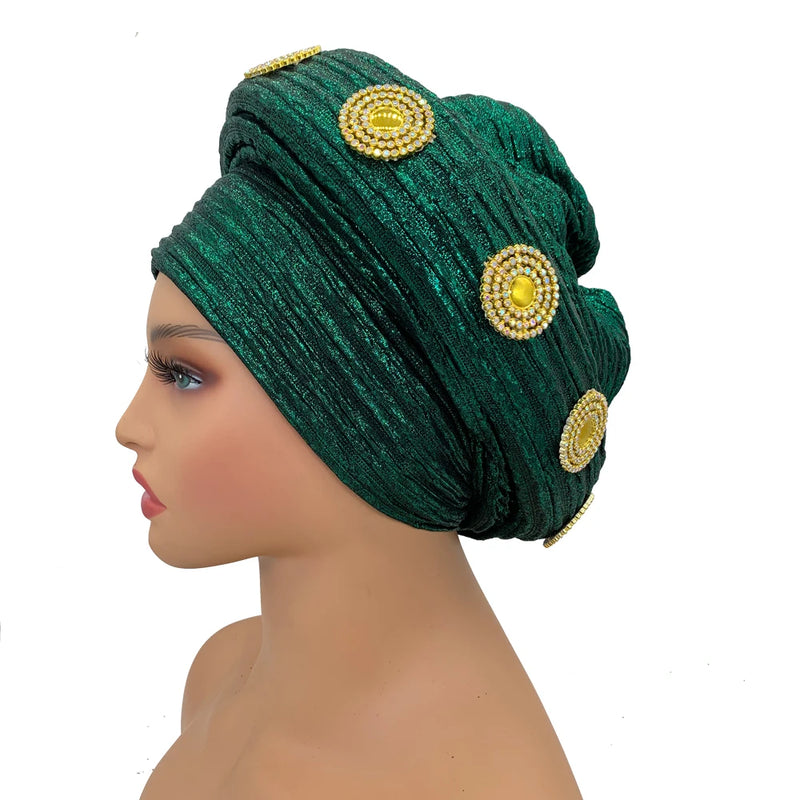 Already Made African Headtie Glitter Diamonds Women's Turban Cap Female Head Wraps Nigeria Wedding Auto Geles Party Headwear Hat