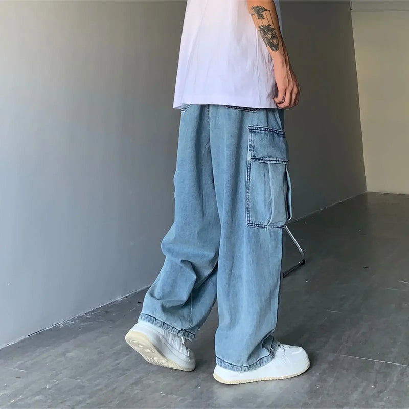 Retro Street Style Men's Jeans Spring Autumn Loose Wide Leg Casual Big Pocket Workwear Denim Washed Dad Pants Male Fashion