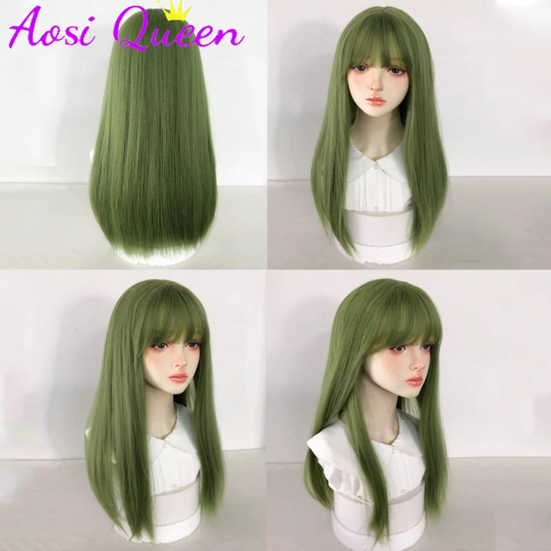AOSI  20 Inch Fruit Green Long Straight Hair With Bangs Synthetic Heat-resistant Long Straight Hair Cos Wig